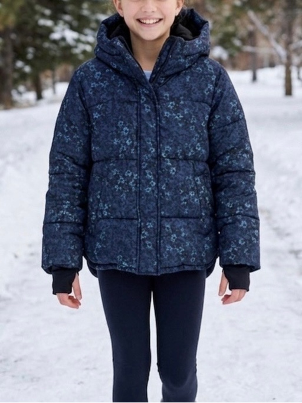 all in motion Navy Floral Winter Puffer Jacket with Hood in Kids Youth Size L
